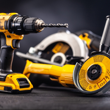 a yellow collection of power tools, including drill, angle grinder and saw on a dark background