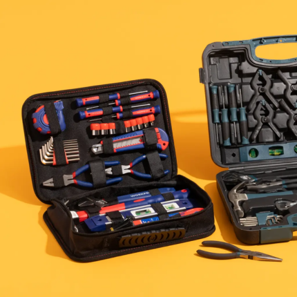 a black tool set with blue and red sets, next to another tool set
