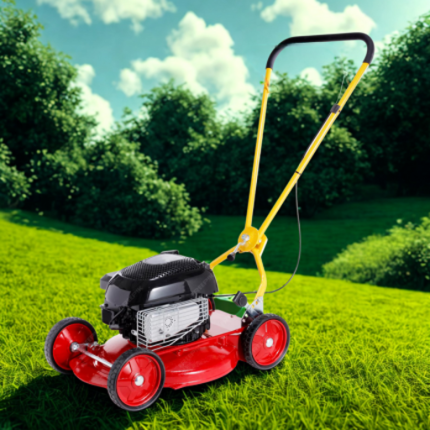 a red lawn mover on a grassy lawn